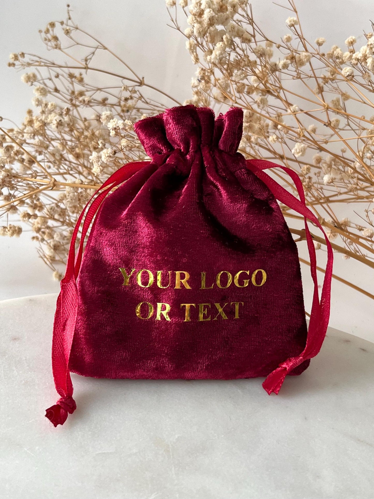 50 Burgundy Velvet Drawstring Bags 4x5 inch: Custom Logo Gift Pouches