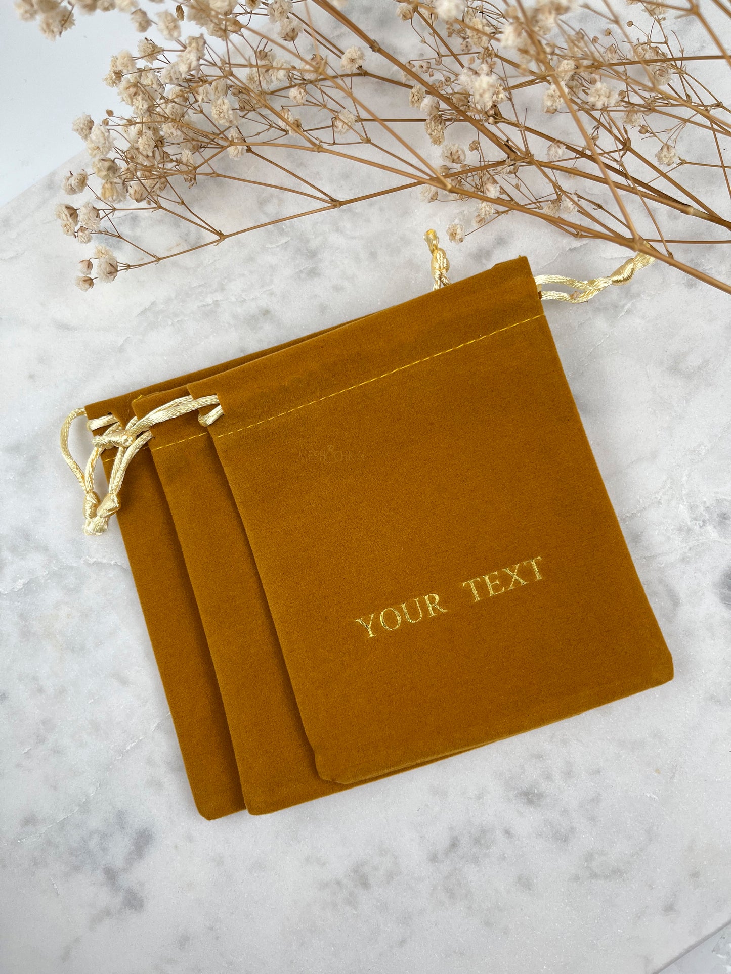 50 pcs 4x5 in Mustard Velvet Custom Text Jewelry Bags: Personalized Drawstring Pouch