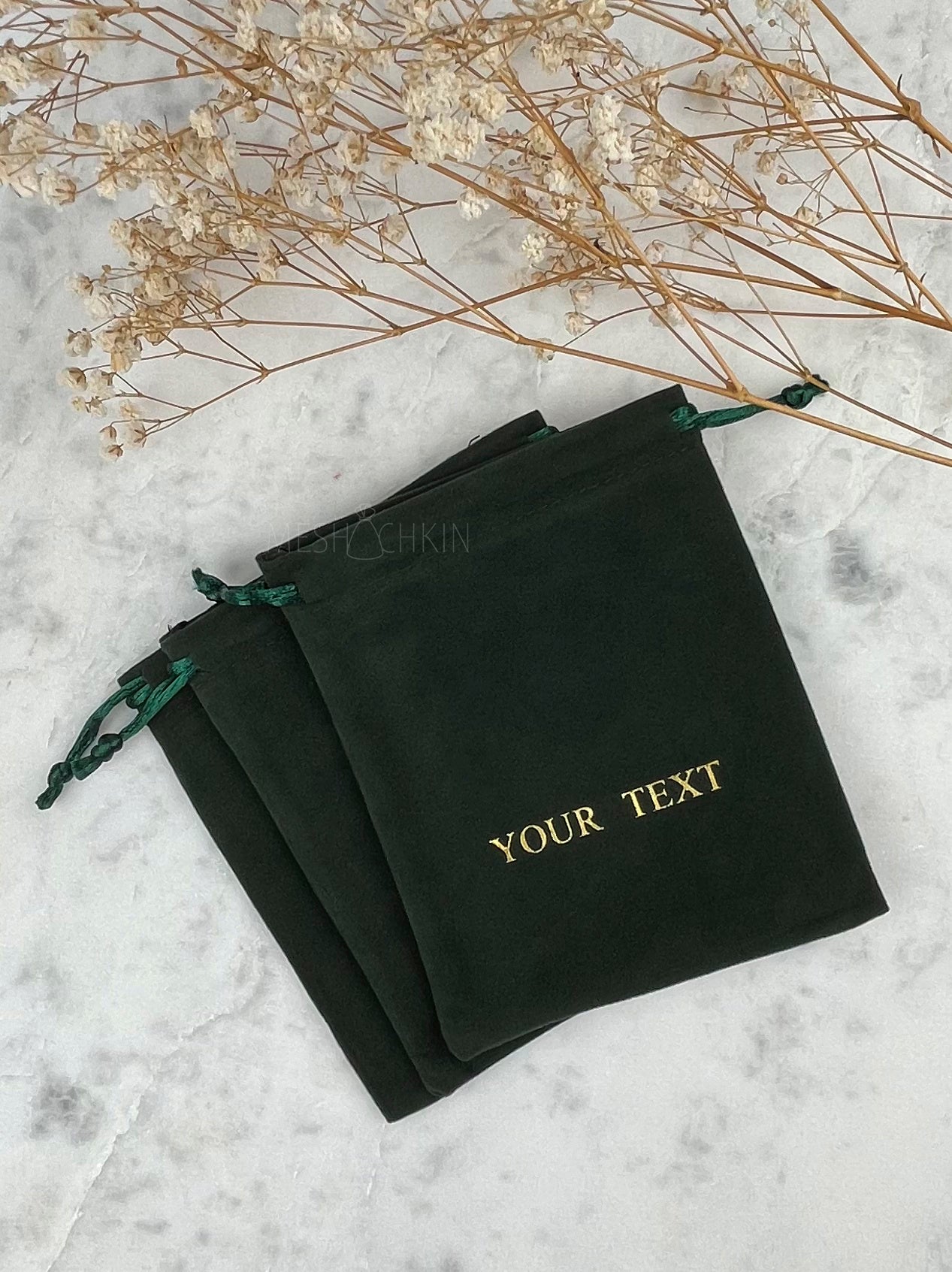 50 pcs 3x3.5 in Green Velvet Custom Text Jewelry Bags: Personalized Drawstring Pouch