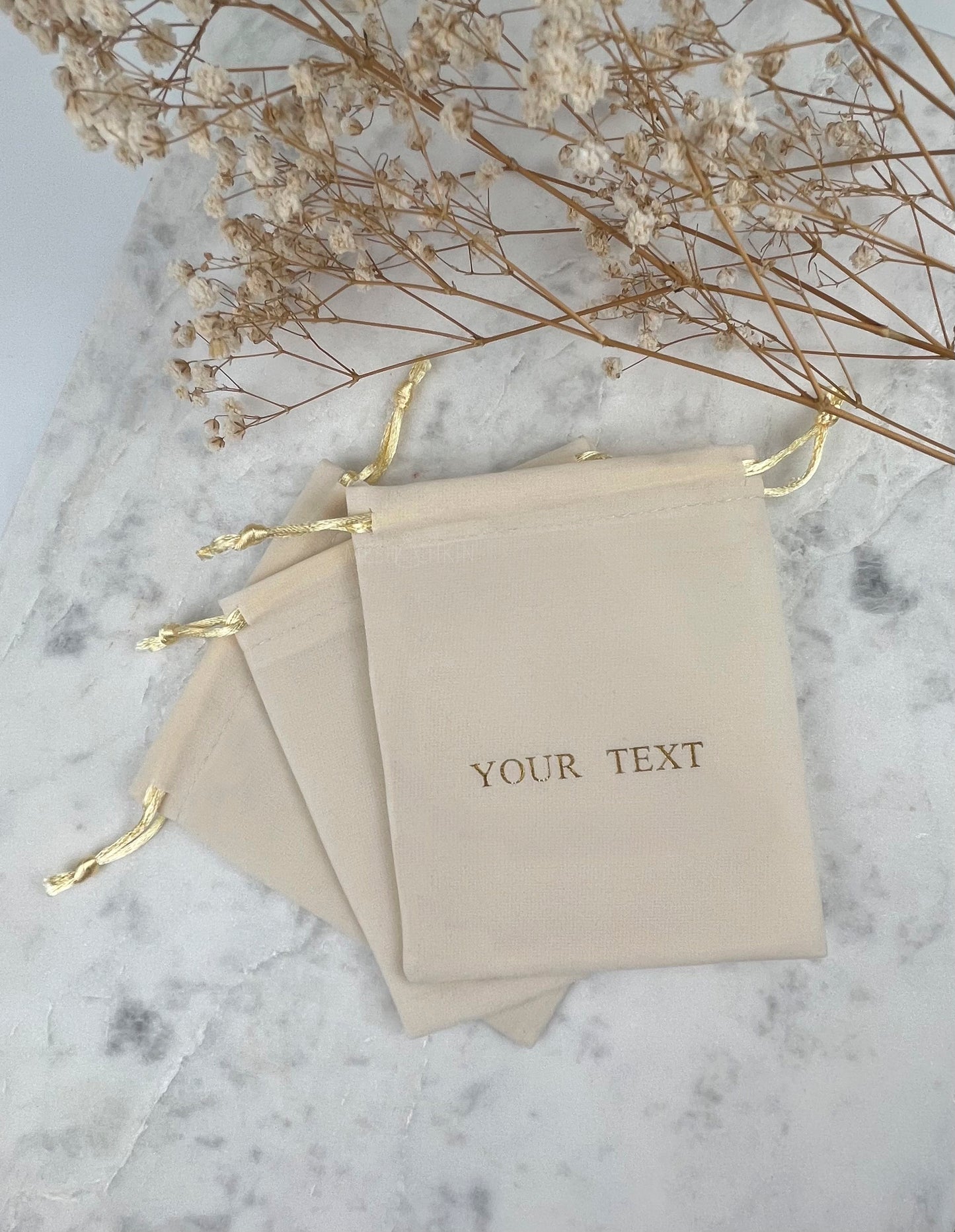 50 pcs 4x5 in Beige Velvet Custom Text Jewelry Bags: Personalized Drawstring Pouch