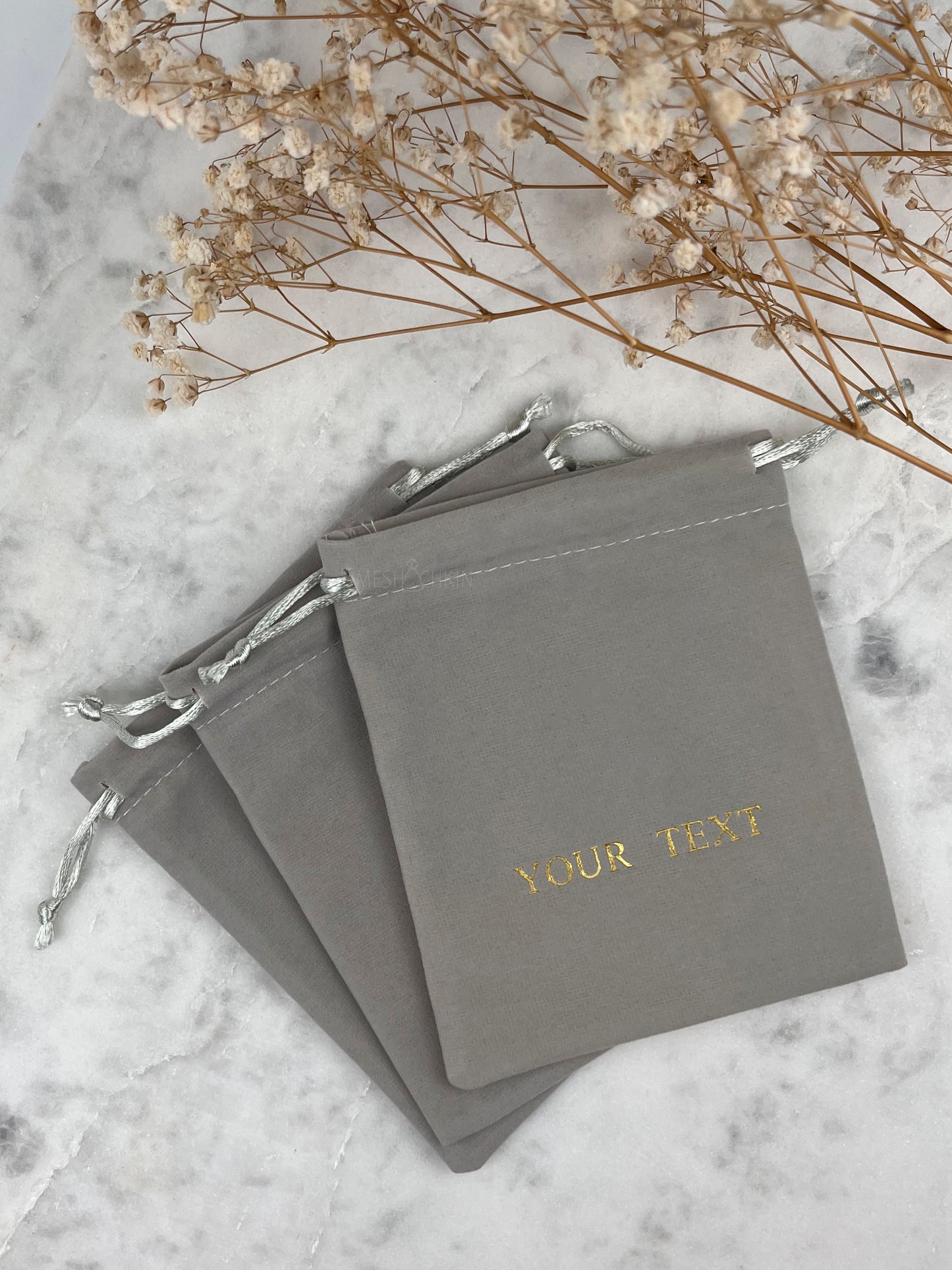 50 pcs 4x5 in Grey Velvet Custom Text Jewelry Bags: Personalized Drawstring Pouch