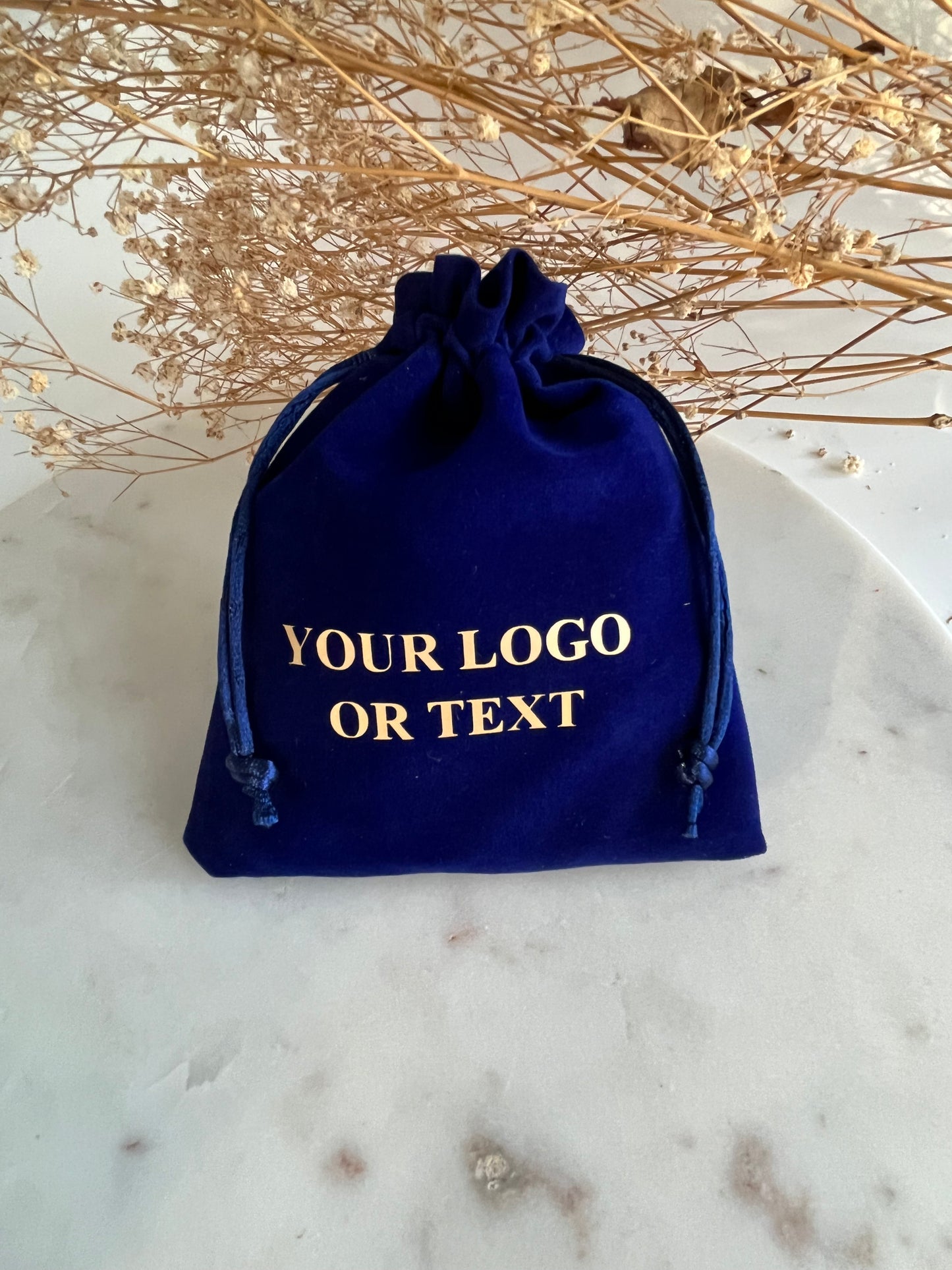 5x6 in 50 pcs Custom Logo Custom Royal  Blue Logo Velvet Drawstring Bag: Personalized Jewelry Pouch