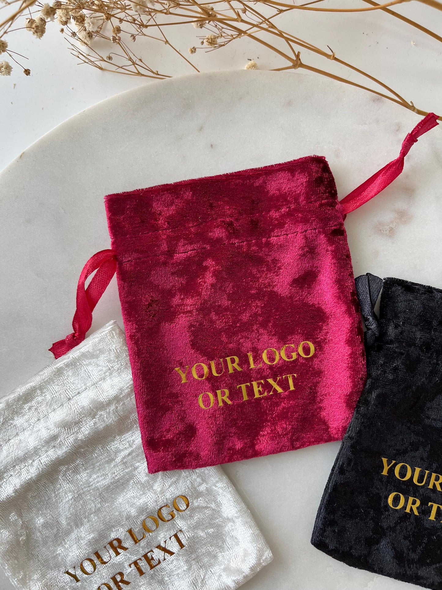 50 Burgundy Velvet Drawstring Bags 4x5 inch: Custom Logo Gift Pouches