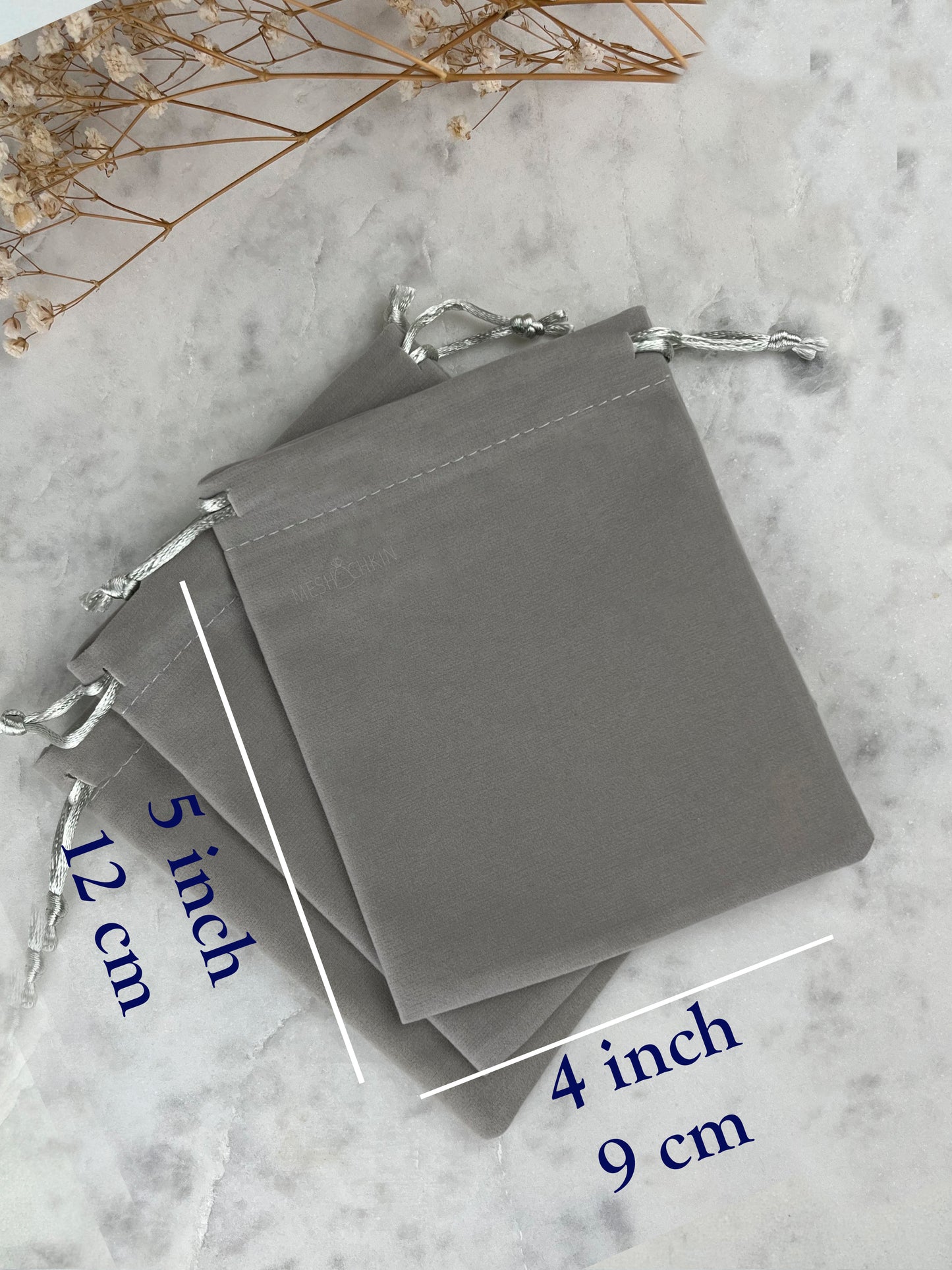 50 pcs 4x5 in Grey Velvet Custom Text Jewelry Bags: Personalized Drawstring Pouch